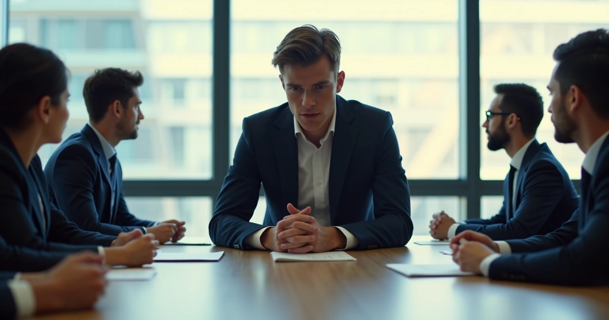 Pessoa em reunião de negócios visivelmente ansiosa, olhando para baixo e mexendo nas mãos. Ambiente moderno com colegas ao fundo. 