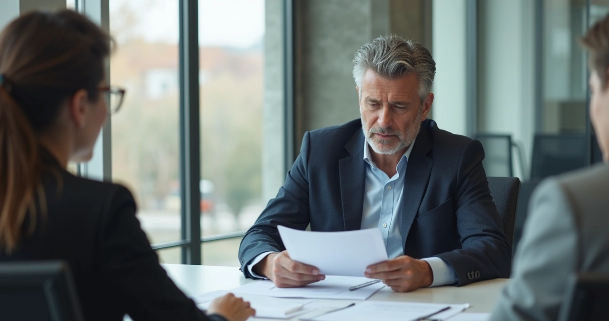Líder ansioso sentado à mesa de reunião, olhando preocupado para papéis 