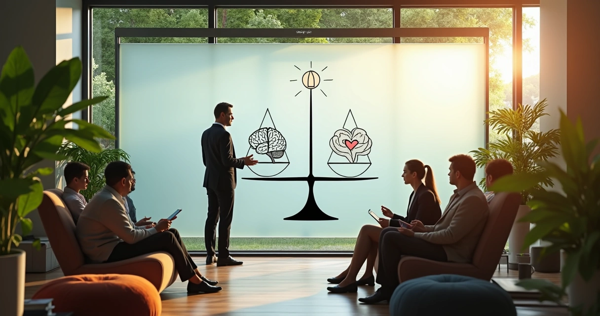 Líder indica balança desenhada em painel sobre equilíbrio entre metas e bem-estar mental 