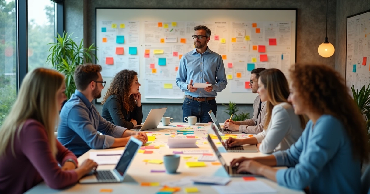 Gestor apoiando colaboradores em discussão de ideias criativas 