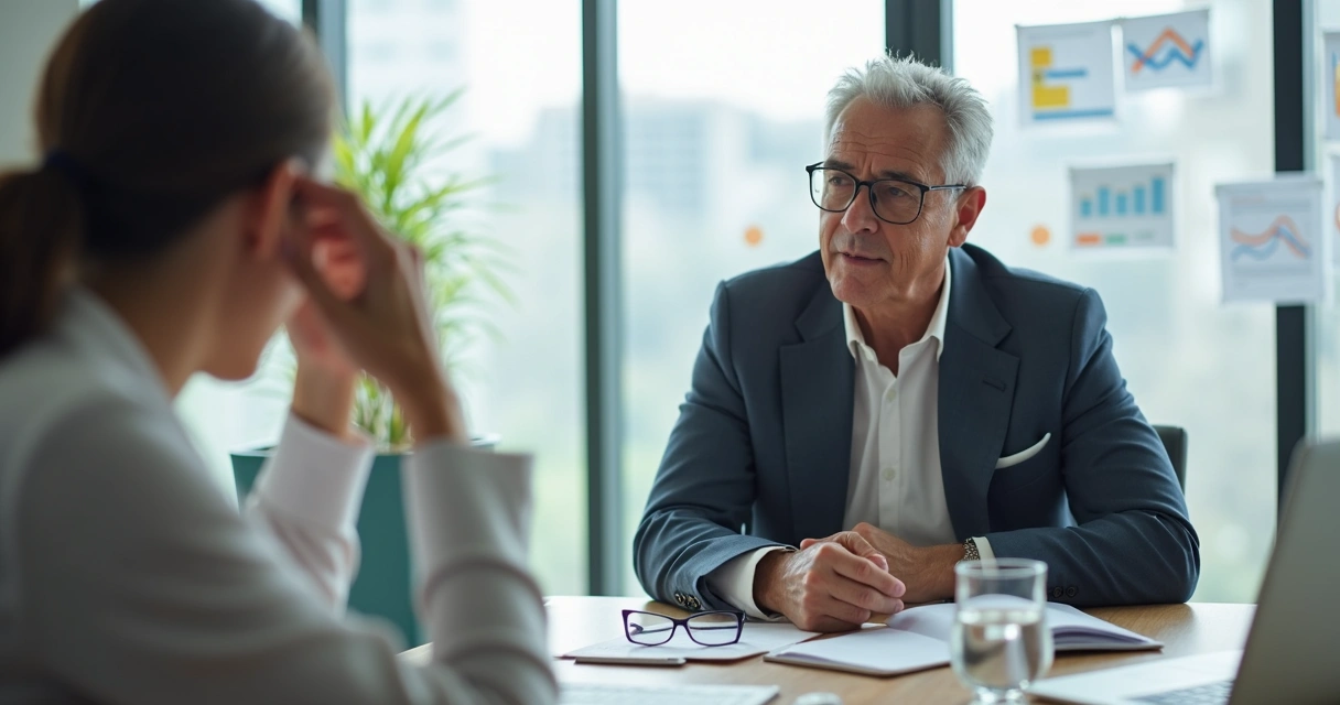 Líder conversa com funcionária estressada em escritório moderno 