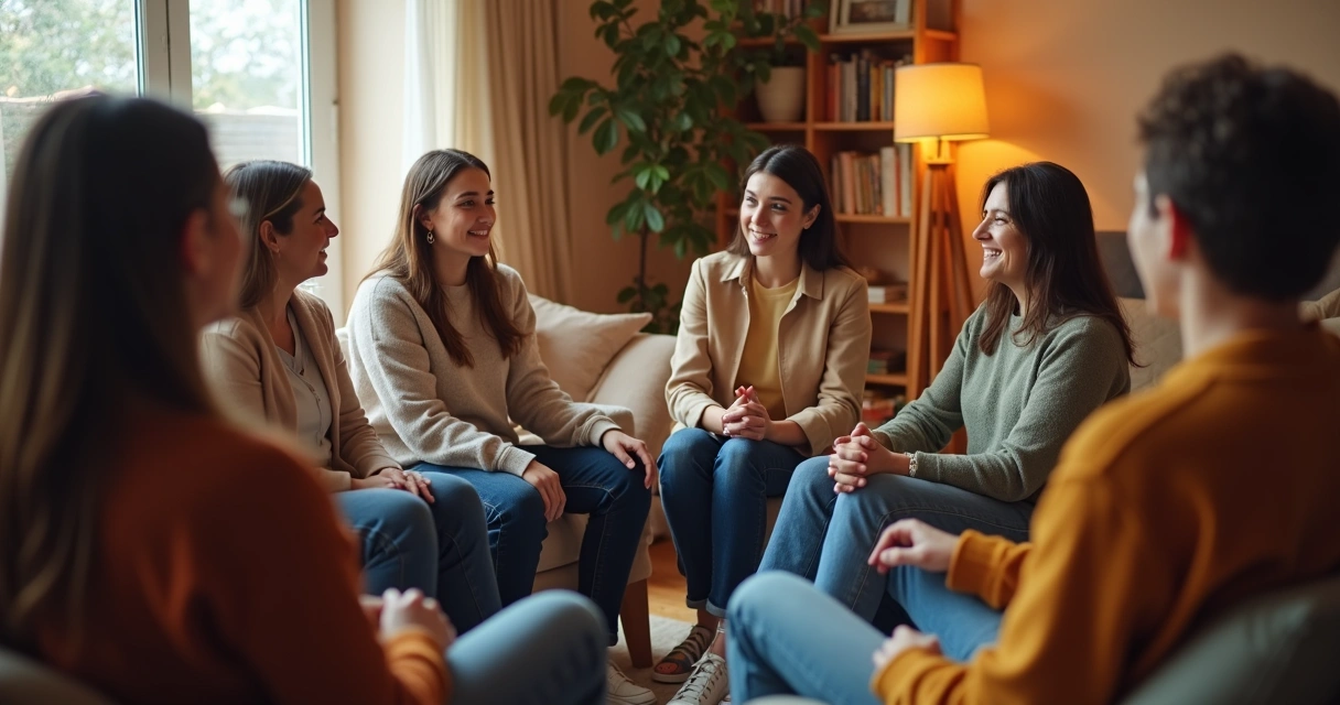 Líder hablando con grupo en círculo, gestos de escucha y apoyo, ambiente cálido y relajado 