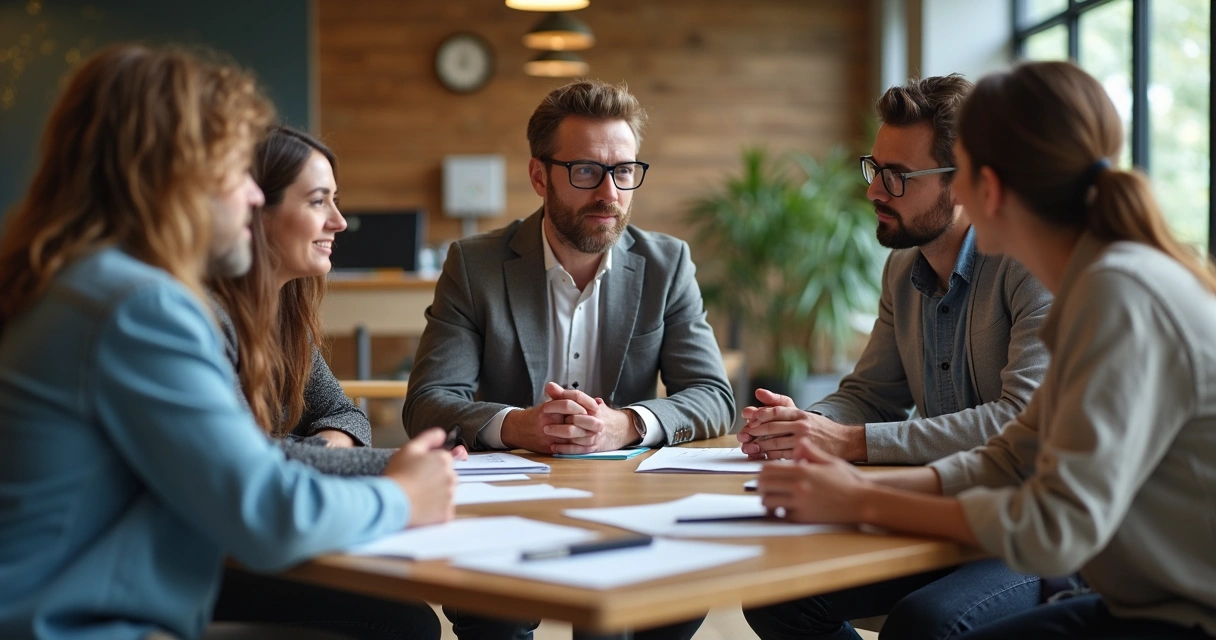 Líder dialogando e aprendendo com equipe em ambiente colaborativo 