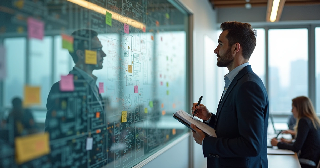 Líder tomando notas frente a un panel con diagramas y estrategias en una oficina luminosa 