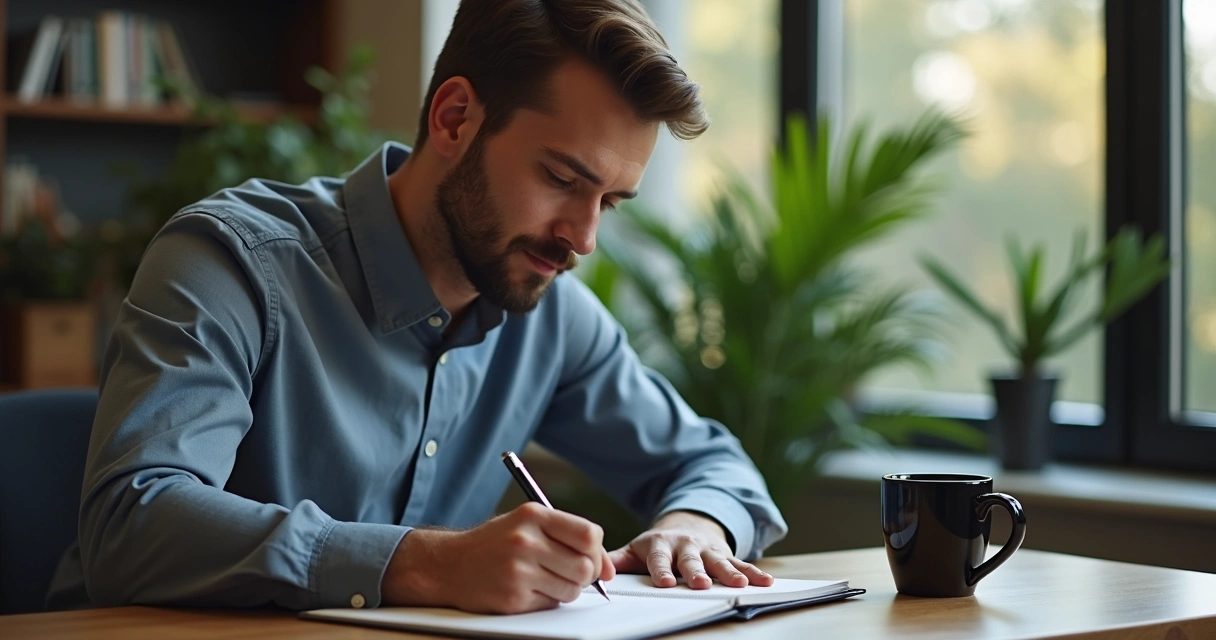 Líder refletindo escrevendo em caderno 