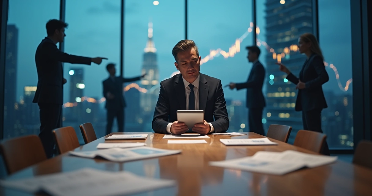 Líder em mesa de reunião cercado por sombras representando armadilhas cognitivas 