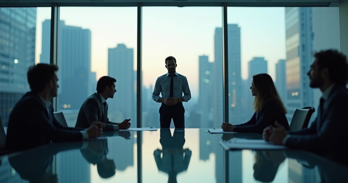 Líder em sala de reunião dividido entre quatro expressões emocionais conflitantes 