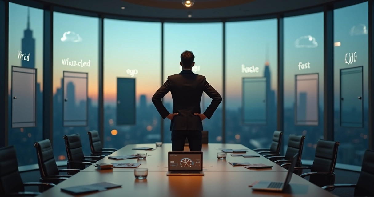 Líder sozinho em sala de reunião encarando nove portas em diferentes direções 