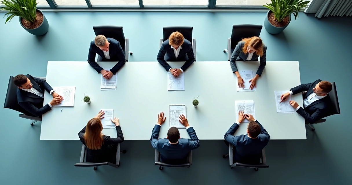 Gestor liderando reunião com expressões e posturas diversas em volta de uma mesa