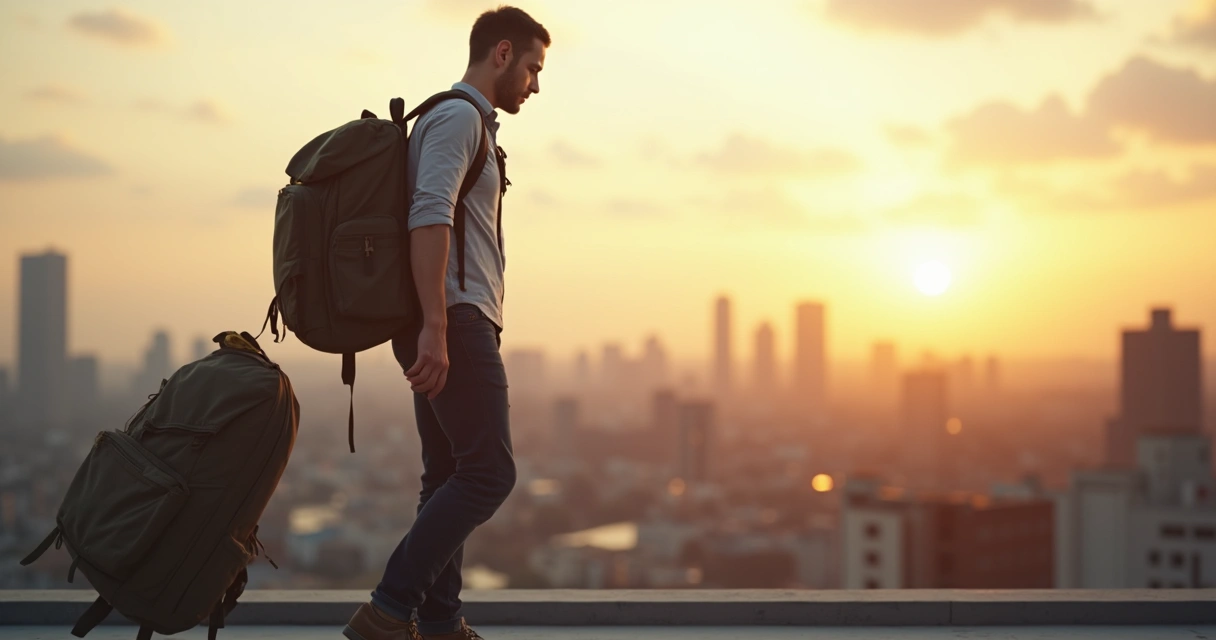 Persona de pie erguida soltando una mochila pesada mientras avanza con seguridad hacia la luz 