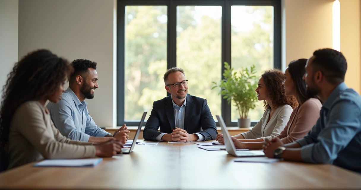 Líder de equipe atento ouvindo colaboradores ao redor de uma mesa 