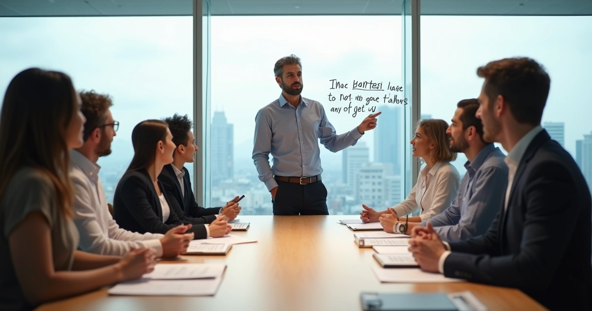 Líder em reunião guiando equipe com postura tranquila e autêntica 