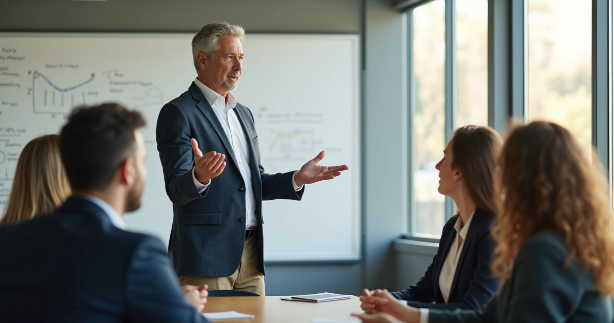 Líder falando de forma acolhedora em reunião com equipe atenta, construindo confiança. 