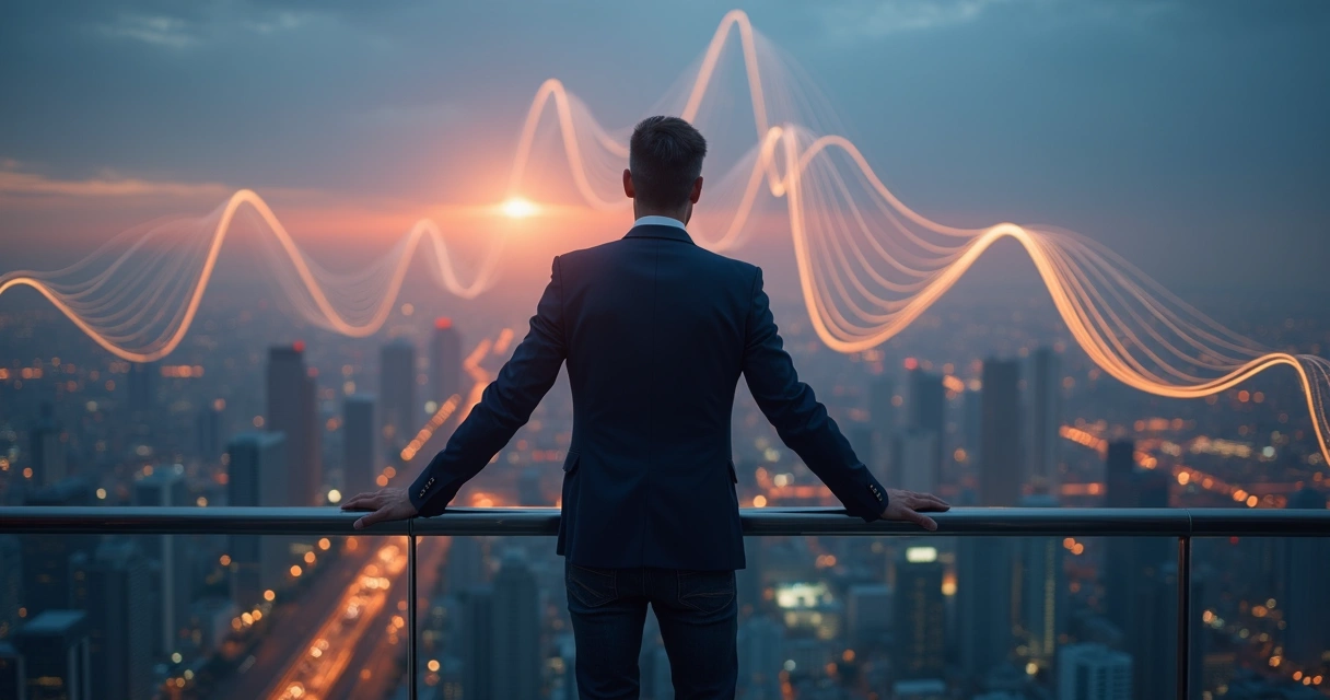 Líder sozinho em mirante urbano contemplando várias trilhas luminosas de decisão 