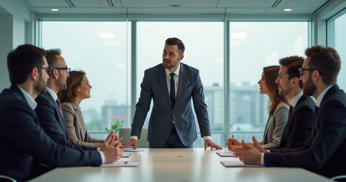 Líder conversa com equipe durante reunião, todos atentos e confortáveis ao redor de uma mesa 