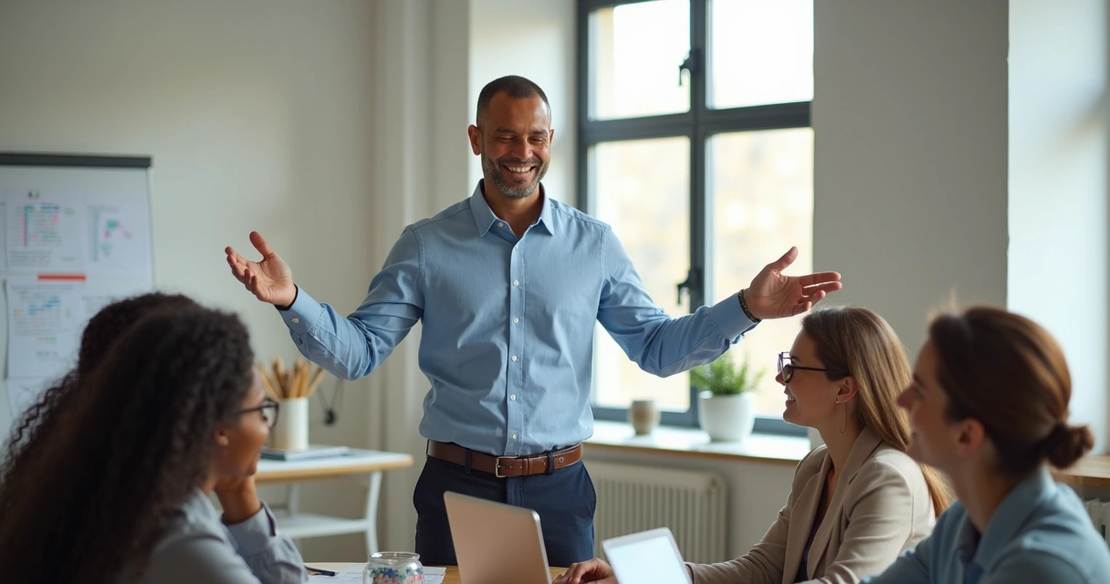 Pessoa liderando grupo com postura aberta, todos ao redor atentos 