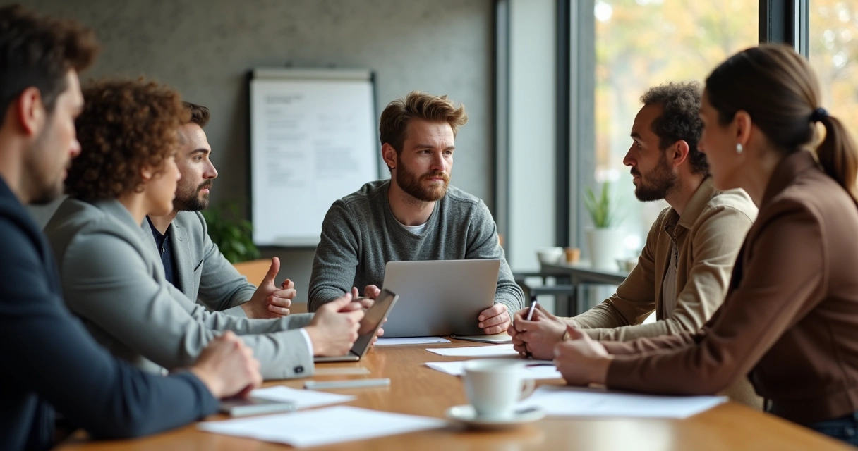 Líder de equipe em reunião com grupo diverso