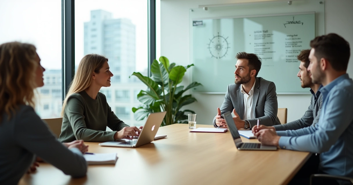 Líder em reunião com equipe diversa em ambiente moderno 