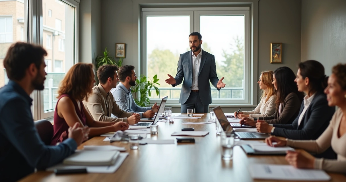 Sala de reunião com equipe diversa reunida em volta de uma mesa, avaliando ideias com expressão aberta e honesta. 