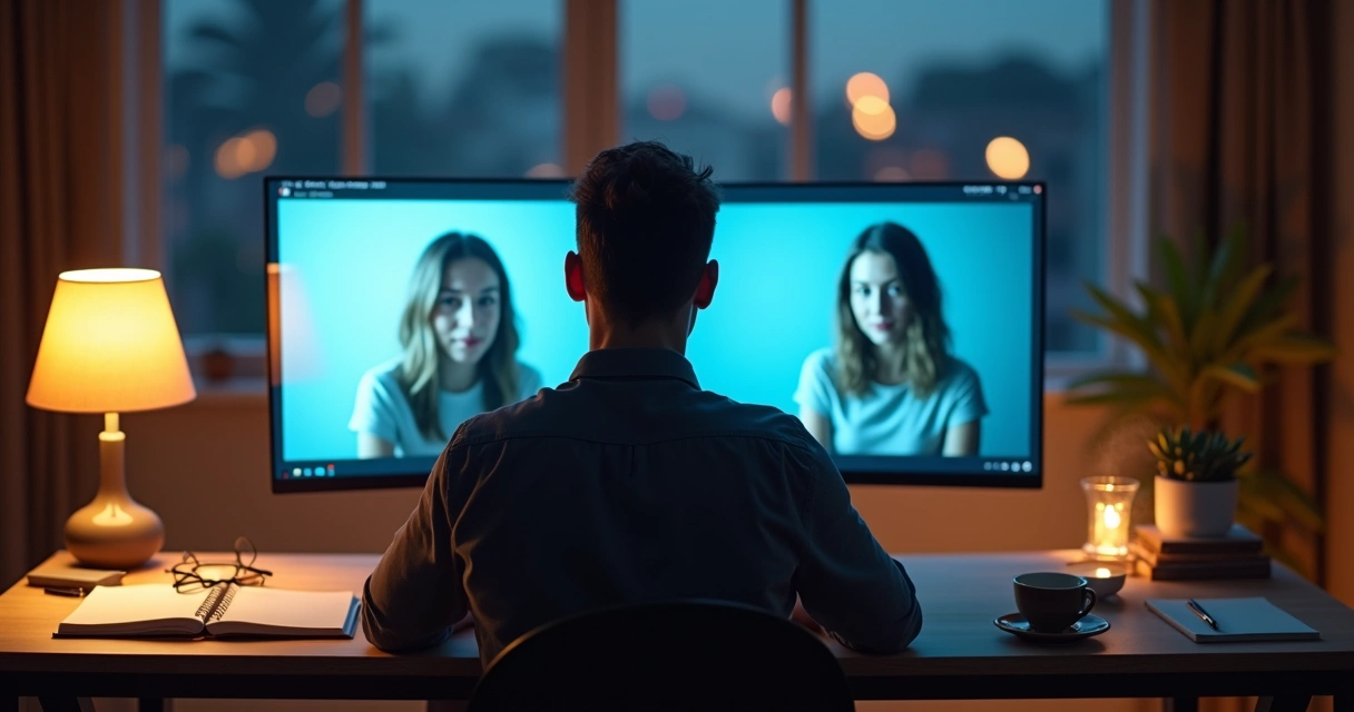 Líder em videoconferência equilibrando máscara digital e autenticidade real 