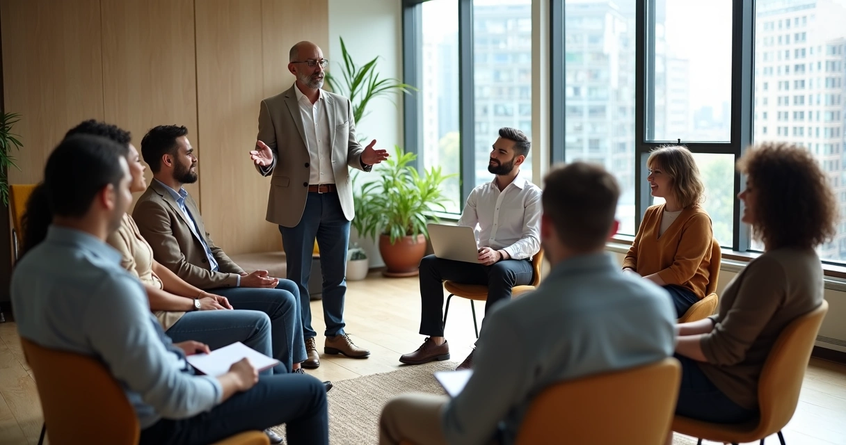 Líder em pé conduzindo reunião com equipe em círculo em escritório moderno 