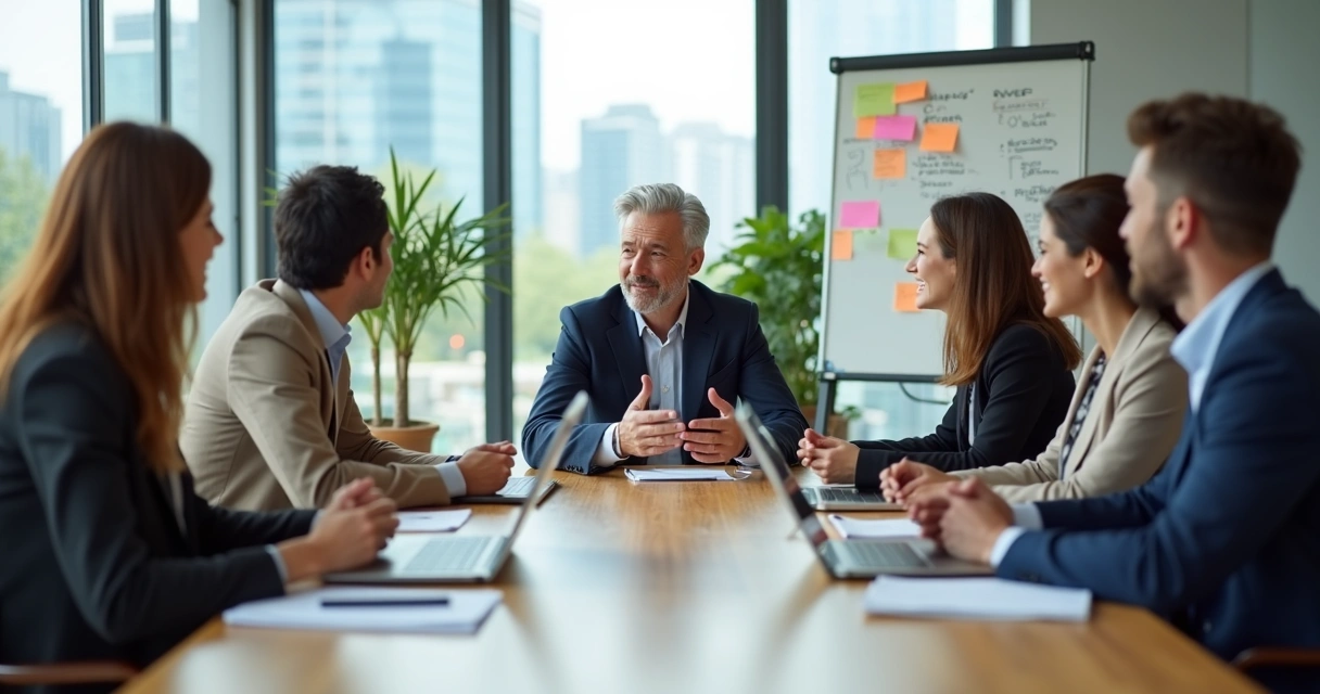 Líder em reunião com equipe diversa em escritório moderno 