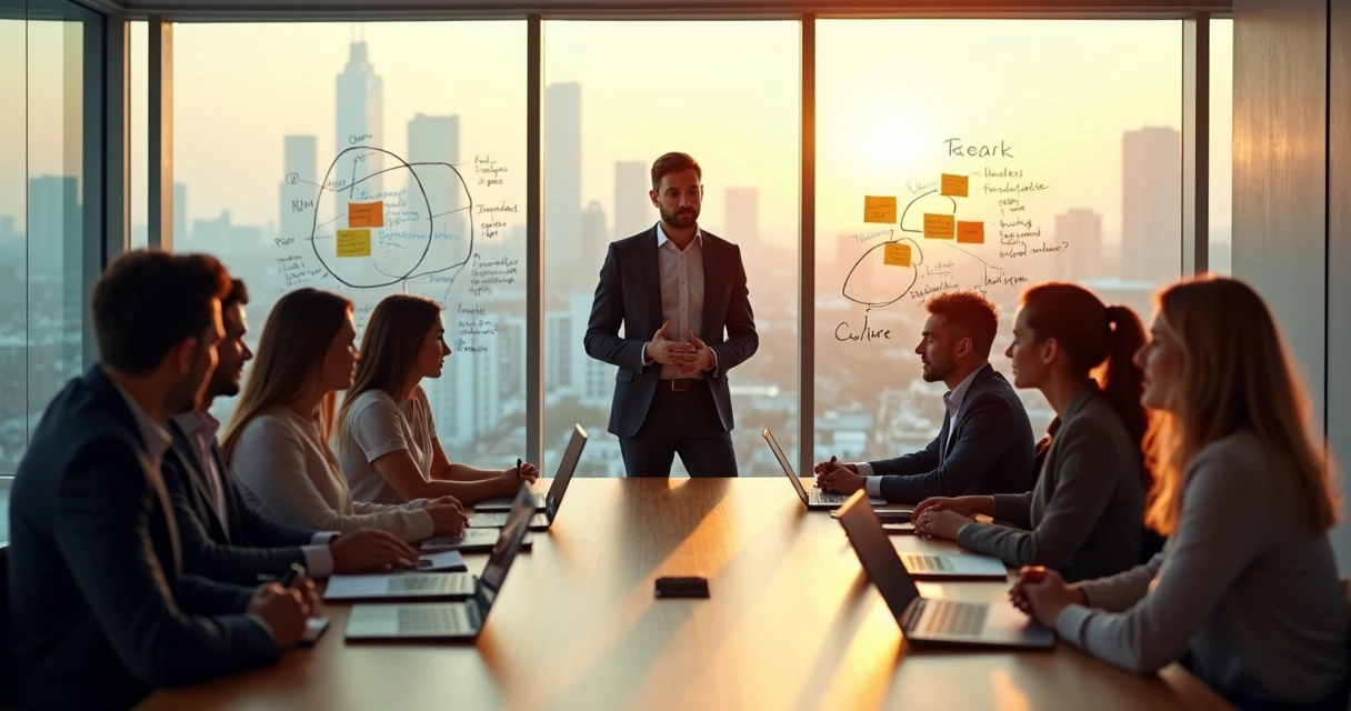 Líder em reunião com equipe diversa em escritório moderno, expressando autenticidade e confiança 