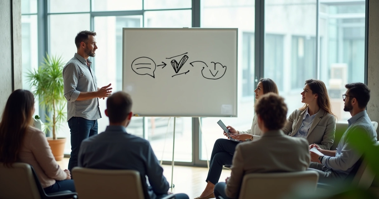 Líder em reunião em pé com equipe diversificada sentada em círculo em escritório moderno 