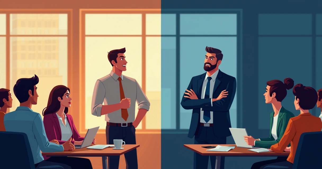 Líder autêntico interage de forma positiva com equipe, enquanto líder tóxico gera tensão 