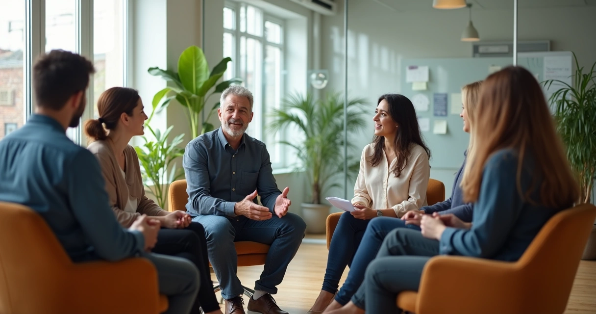 Líder hablando con su equipo sentado en círculo en una sala luminosa 