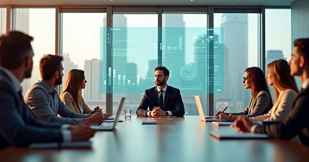 Líder em reunião observando equipe refletindo sobre mudanças na empresa 