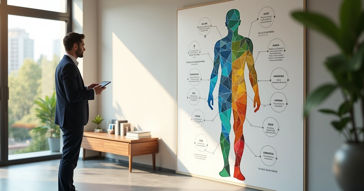 Líder observa painel em formato de silhueta humana formada por mosaico de cores e palavras 