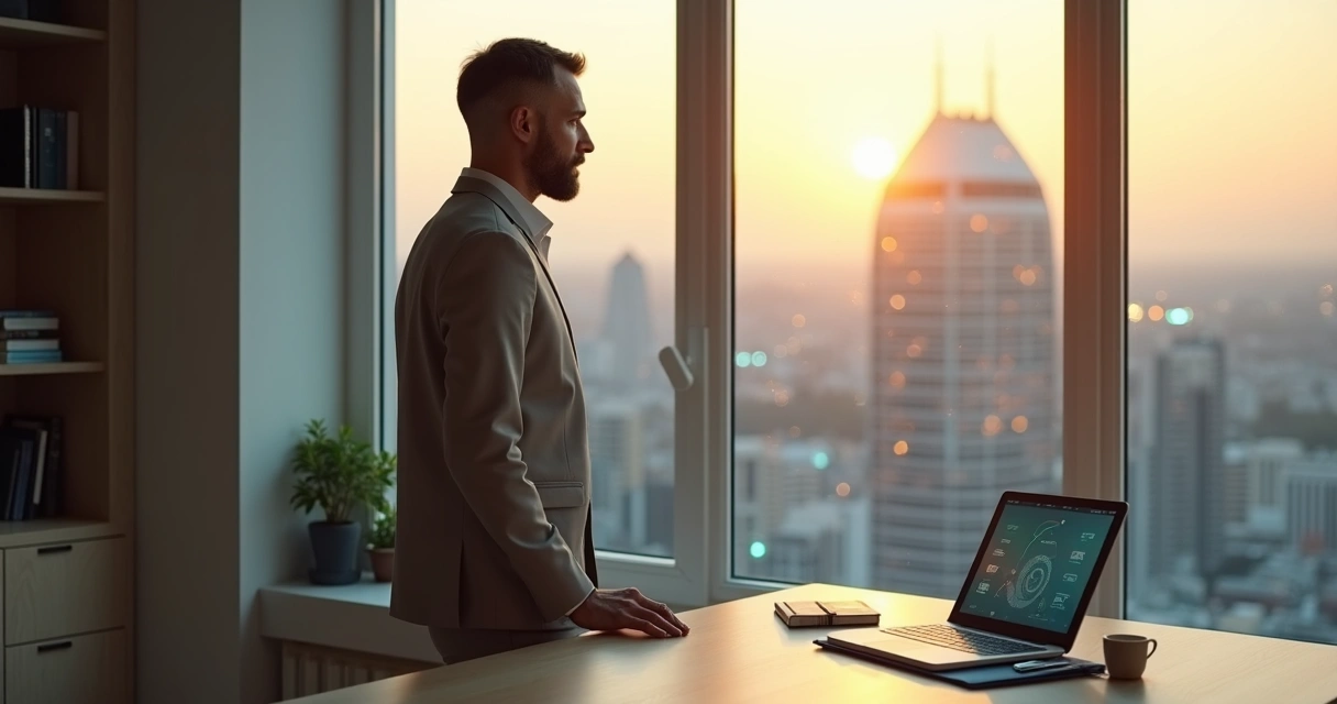 Líder refletindo diante de janela com cidade tecnológica ao fundo 