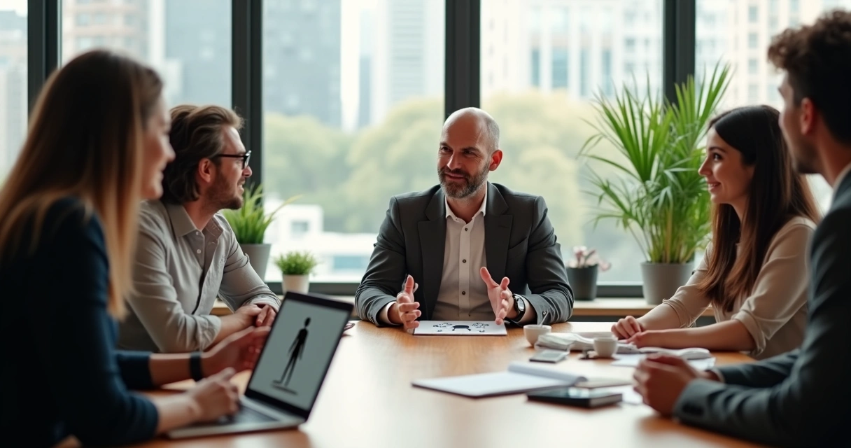 Líder em reflexão guiando equipe em reunião colaborativa 