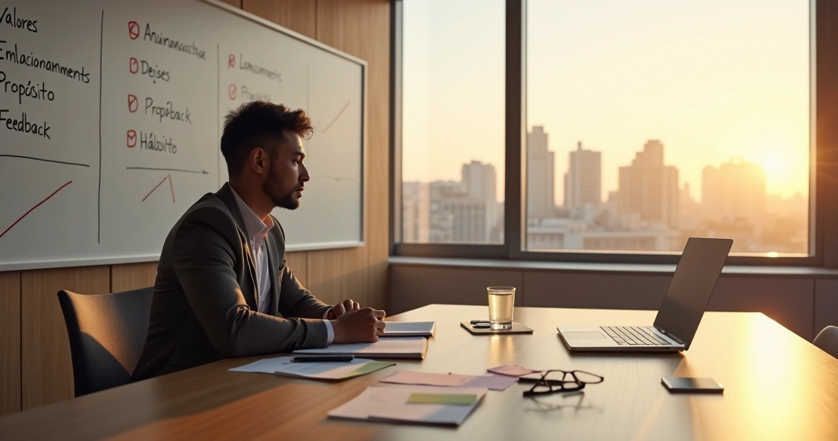 Líder refletindo diante de quadro com exercícios de autoconhecimento 