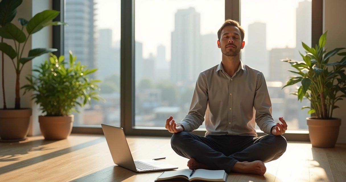 Líder sentado em meditação com caderno de anotações ao lado 
