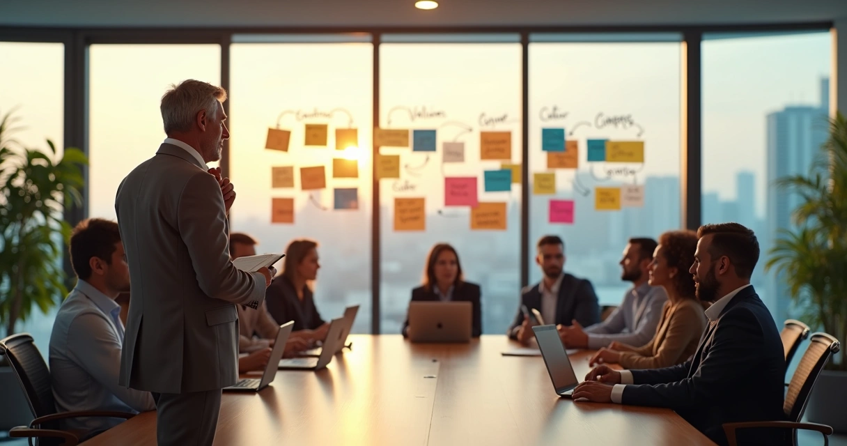 Líder refletindo diante de equipe em reunião sobre mudança organizacional 