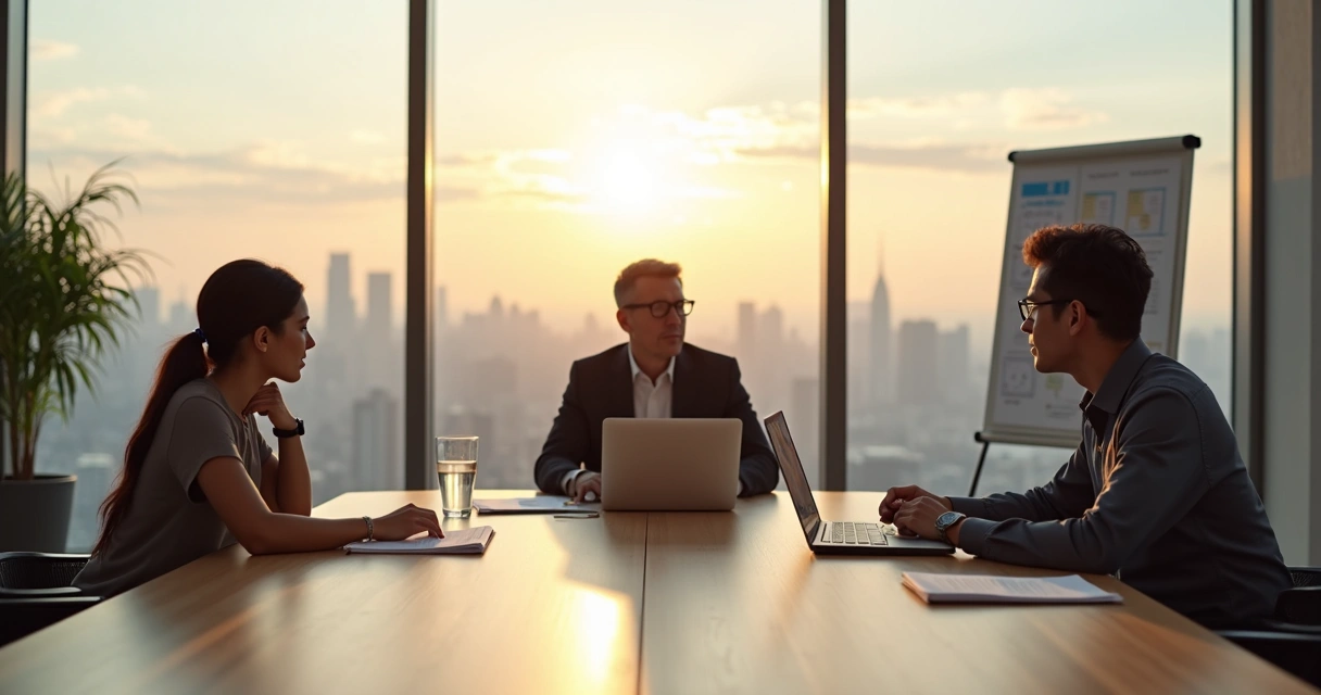 Líder sentado em sala de reunião moderna em reflexão com equipe ao fundo 