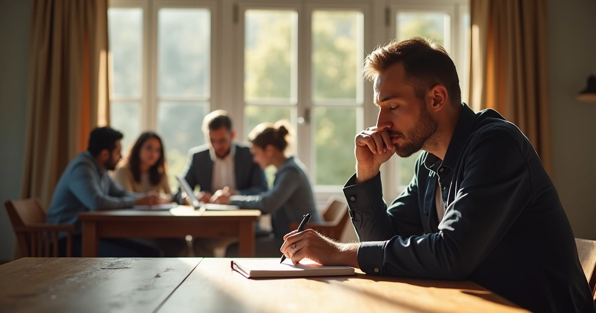 Líder sentado à mesa olhando para fora da janela, escrevendo em um diário, com equipe desfocada ao fundo 