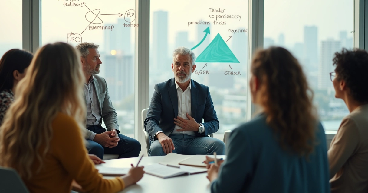Líder em reunião com equipe em círculo em sala moderna, em clima de colaboração e escuta ativa 