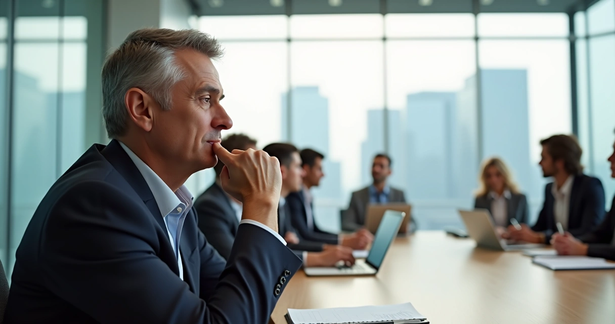 Líder refletindo antes de tomar decisão em ambiente corporativo moderno 