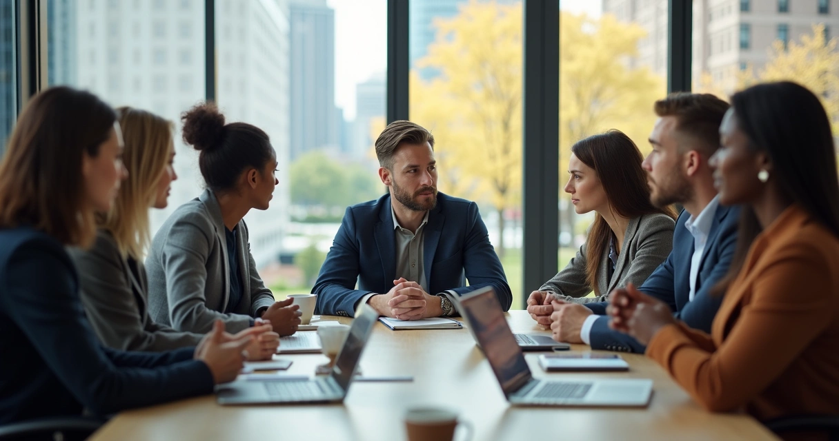 Gestor ouvindo feedback atentamente em sala de reunião 