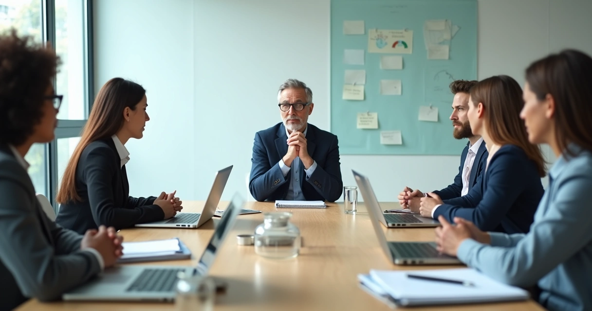 Líder en reunión de trabajo reflexionando frente a su equipo 