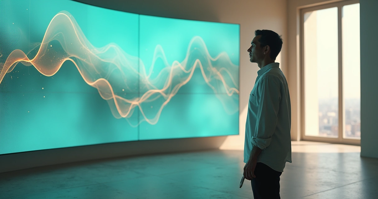 Líder observando grande painel luminoso com formas orgânicas coloridas 