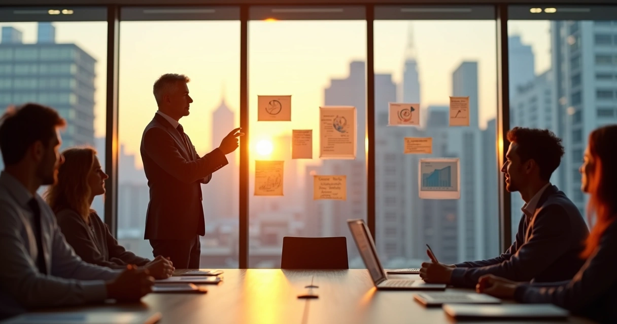 Gestor em reunião refletindo diante da equipe em sala de vidro moderna 
