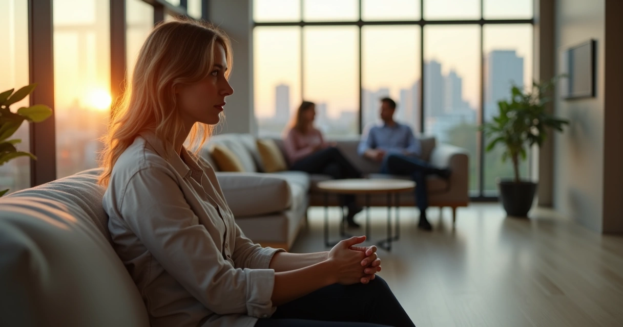 Líder sentado refletindo com expressão serena em ambiente corporativo acolhedor 