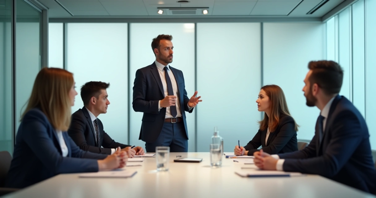 Homem liderando reunião com postura centralizadora. 
