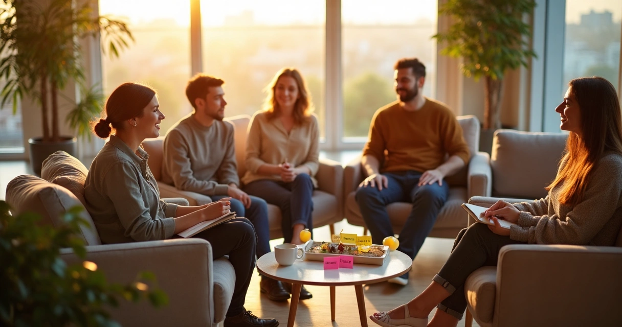 Líder de equipe praticando autocuidado emocional em sala de reunião tranquila 