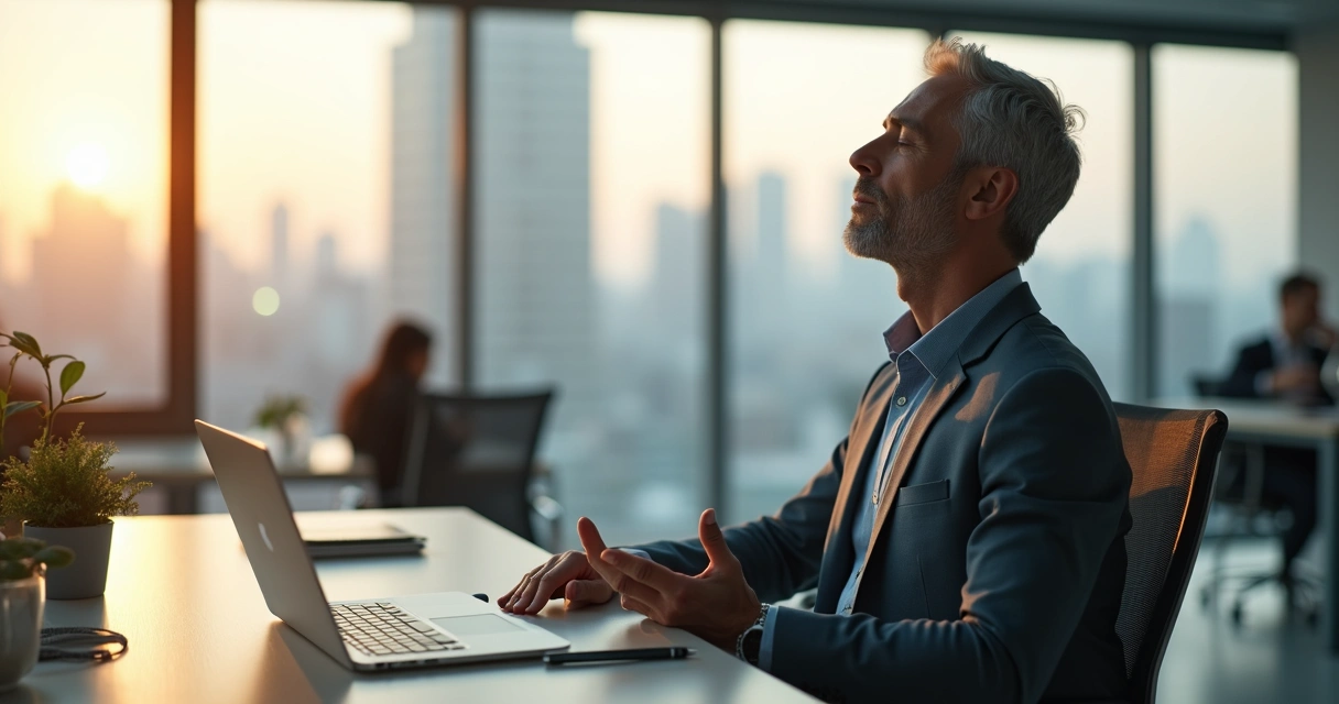 Líder sentado em escritório moderno praticando autocuidado emocional com respiração consciente 