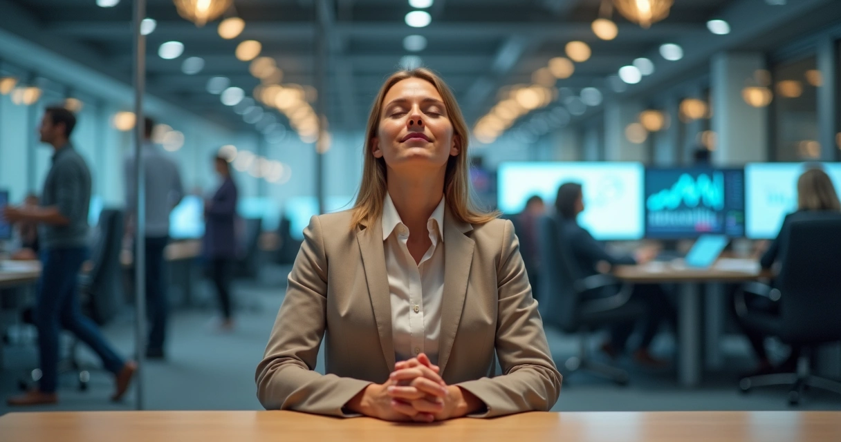 Líder sentado em escritório moderno praticando autocuidado emocional em meio a ambiente de trabalho intenso 